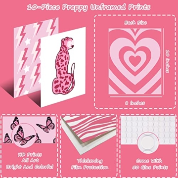 10-Piece Preppy Pink Wall Art for Teen Girls Room Decor