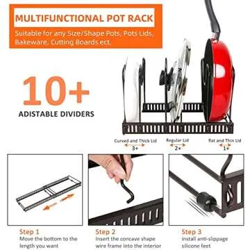 Daddynme Expandable Pot and Pan Organizers Rack, 10+ Pans and Pots Lid Organizer Rack Holder, Kitchen Cabinet Pantry Bakeware Organizer Rack Holder with 10 Adjustable Compartments