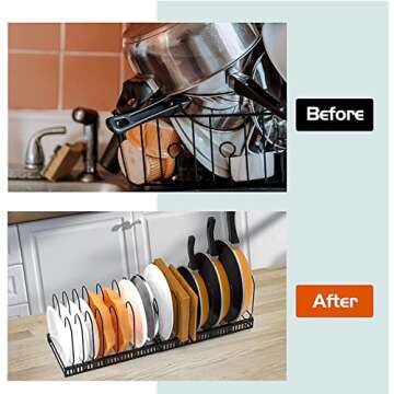 Daddynme Expandable Pot and Pan Organizers Rack, 10+ Pans and Pots Lid Organizer Rack Holder, Kitchen Cabinet Pantry Bakeware Organizer Rack Holder with 10 Adjustable Compartments