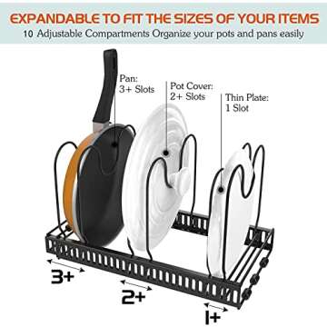 Daddynme Expandable Pot and Pan Organizers Rack, 10+ Pans and Pots Lid Organizer Rack Holder, Kitchen Cabinet Pantry Bakeware Organizer Rack Holder with 10 Adjustable Compartments