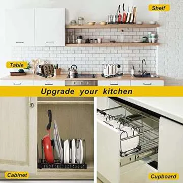 Daddynme Expandable Pot and Pan Organizers Rack, 10+ Pans and Pots Lid Organizer Rack Holder, Kitchen Cabinet Pantry Bakeware Organizer Rack Holder with 10 Adjustable Compartments