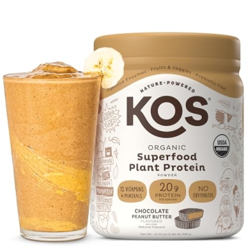 KOS Vegan Protein Powder, Chocolate Peanut Butter - Low Carb Pea Protein Blend, USDA Organic Superfo...