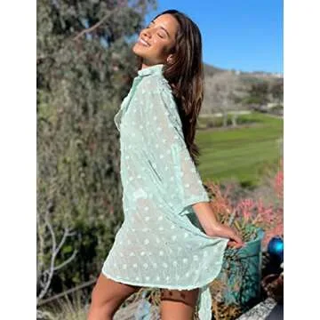 Ekouaer Women's Swimsuit Beach Cover Ups Shirt Chiffon Bikini Bathing Suit Swiss Dot Beach Shirt S-XXXL