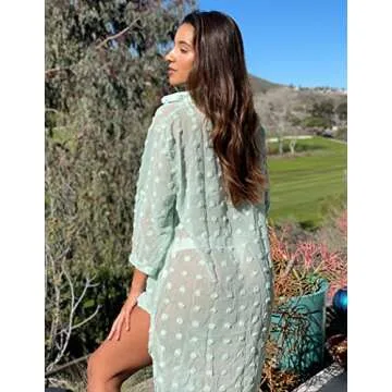 Ekouaer Women's Swimsuit Beach Cover Ups Shirt Chiffon Bikini Bathing Suit Swiss Dot Beach Shirt S-XXXL