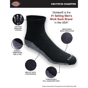 Dickies Men's Dri-Tech Quarter Socks 6 Pairs Black