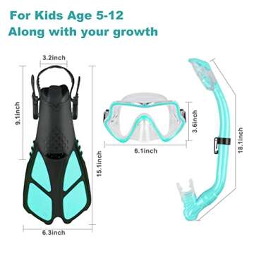 AosDero Kids Snorkeling Set Adjustable Swimming Kids Flippers+Panoramic Snorkel Mask+ Dry Snorkel Tube+ Travel Bags Suitable Snorkeling Gear for Kids,Juniors,Age 5-14