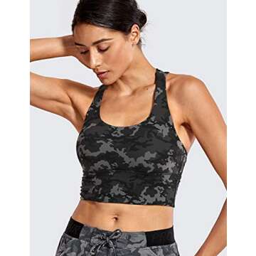 CRZ YOGA Women's Strappy Longline Sports Bras - Wirefree Padded Medium Impact Workout Crop Tank Top Camo Multi one Small