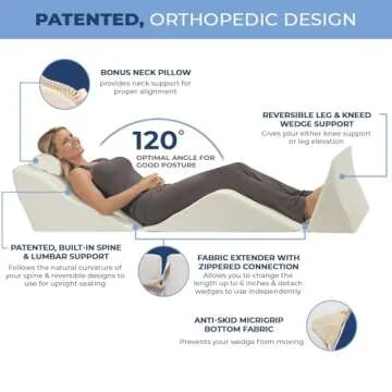 Contour BackMax Bed Wedge Lumbar Support System - Multi-Positional Back, Leg & Knee Elevation Pillows for Sleep & Recovery with Orthopedic Zero Gravity Weightless Comfort - Bonus Half Roll Neck Pillow