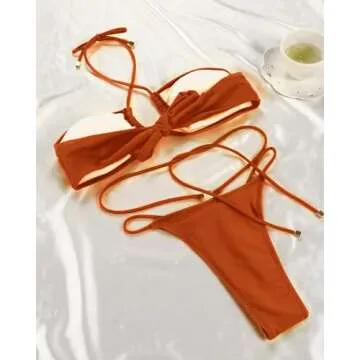 Women Cheeky Bikini Set Halter Thong Solid Color Adjustable Cinched String Two Piece Brazilian Swimsuit Triangle Bathing (Small, Brown)