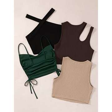 Milumia Women's 4 Piece Ribbed Knit Cut Out Drawstring Sleeveless Crop Tank Tops Set Multicolor Small