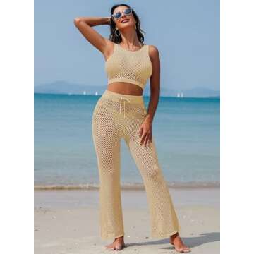 Pink Queen Women's 2 Piece Summer Crochet Hollow Out Sleeveless Swimsuit Cover Up Set Crop Top Wide Leg Pants Apricot M