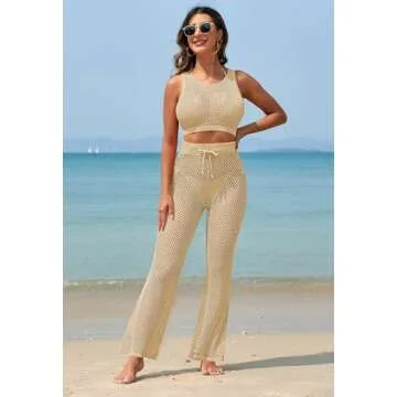 Pink Queen Women's 2 Piece Summer Crochet Hollow Out Sleeveless Swimsuit Cover Up Set Crop Top Wide Leg Pants Apricot M