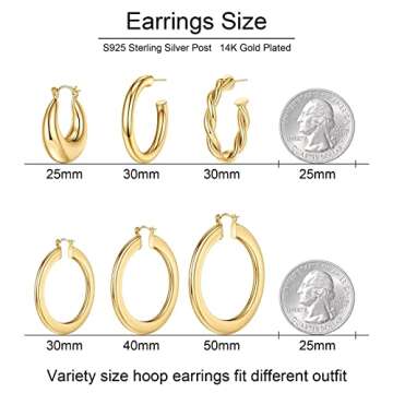 6 Pairs Gold Hoop Earrings Set for Women, S925 Sterling Silver Post Hypoallergenic Chunky Gold Hoop Earrings 14k Real Gold Plated Thick Open Twisted Gold Hoop Earrings for Women Multipack