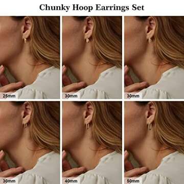 6 Pairs Gold Hoop Earrings Set for Women, S925 Sterling Silver Post Hypoallergenic Chunky Gold Hoop Earrings 14k Real Gold Plated Thick Open Twisted Gold Hoop Earrings for Women Multipack