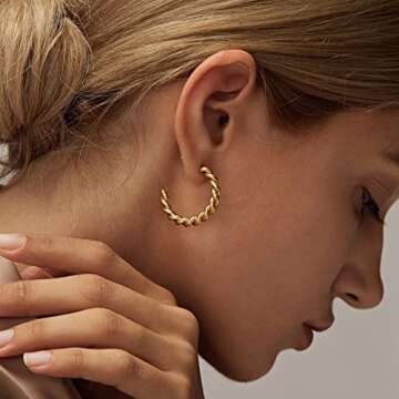 6 Pairs Gold Hoop Earrings Set for Women, S925 Sterling Silver Post Hypoallergenic Chunky Gold Hoop Earrings 14k Real Gold Plated Thick Open Twisted Gold Hoop Earrings for Women Multipack