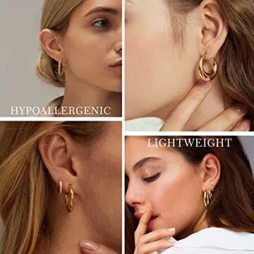 6 Pairs Gold Hoop Earrings Set for Women, S925 Sterling Silver Post Hypoallergenic Chunky Gold Hoop Earrings 14k Real Gold Plated Thick Open Twisted Gold Hoop Earrings for Women Multipack