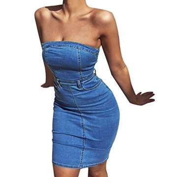 SEMATOMALA Women's Sexy Denim Dress One Piece Strapless Sleeveless Bodycon Jeans Tube Midi Dress Club Outfits with Pockets