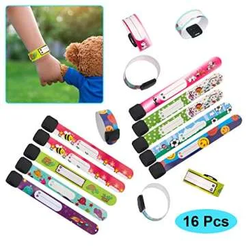 16 Pieces Child Safety ID Wristband, Pletpet Adjustable & Waterproof Kids Id Bracelets, Reusable Identification Bracelet Wristbands for Boys and Girls Outdoor Activity (8 Styles)