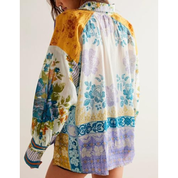 Women Y2k Blouse Shirts Long Sleeve Floral Printed Button Down Shirt Vintage Loose Fit Going Out Tops Dressy, Purple, Small