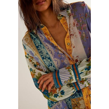 Women Y2k Blouse Shirts Long Sleeve Floral Printed Button Down Shirt Vintage Loose Fit Going Out Tops Dressy, Purple, Small