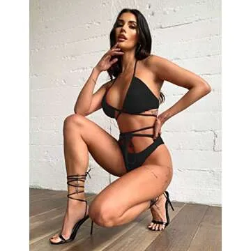 QINSEN Sexy Bikini Swimsuit for Women Strap Criss Cross Two Piece Bathing Suit Cheeky Bottom Black S