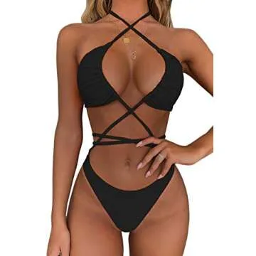 QINSEN Sexy Bikini Swimsuit for Women Strap Criss Cross Two Piece Bathing Suit Cheeky Bottom Black S