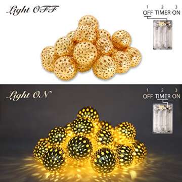 LOUIS CHOICE Moroccan String Lights Battery Powered 20 LED Golden Globe Lights with Timer for Wedding Party, Birthday, Home Decor, Christmas, Indoor Outdoor, Metal Balls, Multifunction, 10 ft