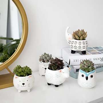 LA JOLIE MUSE Small Succulent Pots with Drainage, Ceramic Animal Planter, Indoor Plant Pots, Cute Cactus Small Flower Pots for Home Decor Gifts for Mom and Office Desk Decoration, Set of 5 Pieces