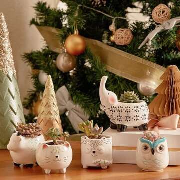 LA JOLIE MUSE Small Succulent Pots with Drainage, Ceramic Animal Planter, Indoor Plant Pots, Cute Cactus Small Flower Pots for Home Decor Gifts for Mom and Office Desk Decoration, Set of 5 Pieces