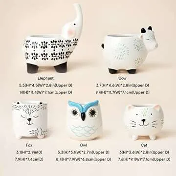 LA JOLIE MUSE Small Succulent Pots with Drainage, Ceramic Animal Planter, Indoor Plant Pots, Cute Cactus Small Flower Pots for Home Decor Gifts for Mom and Office Desk Decoration, Set of 5 Pieces
