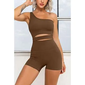 QINSEN Women's Tummy Control Yoga Shorts 2 Piece Outfits Workout Yoga Bra Sets GMY Clothes Brown S