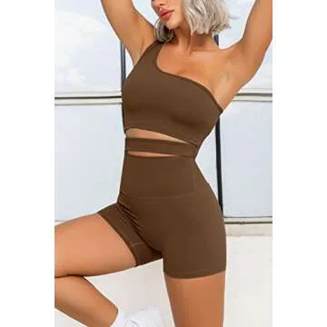 QINSEN Women's Tummy Control Yoga Shorts 2 Piece Outfits Workout Yoga Bra Sets GMY Clothes Brown S