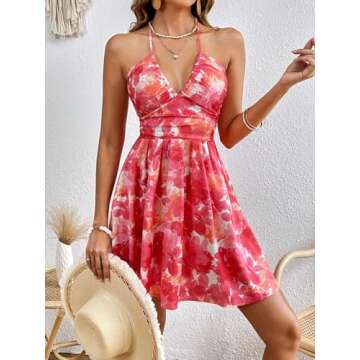MakeMeChic Women's Floral Dress V Neck Sleeveless Halter Short Dress Pink S