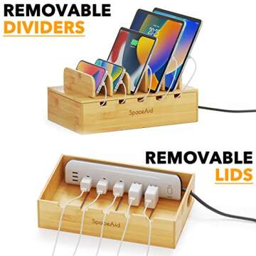 SpaceAid Bamboo Charging Station for Multiple Devices, Cell Phone Docking Stations for Multi Laptop, Tablets and iPads, Nightstand Bedside Desk Device Charger Organizer (Natural)