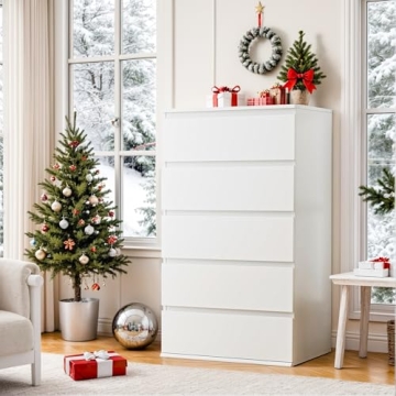 FOTOSOK White Dresser - Modern 5 Drawer Storage Organizer