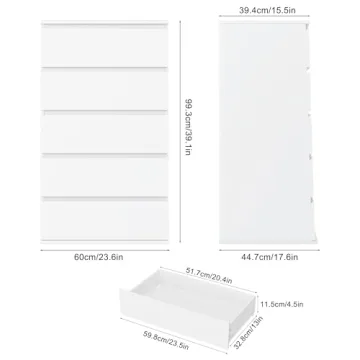 FOTOSOK White Dresser - Modern 5 Drawer Storage Organizer