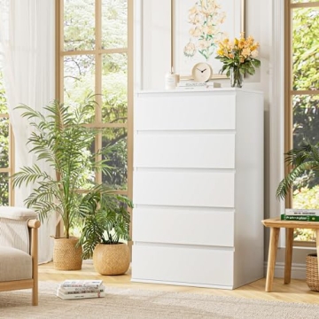 FOTOSOK White Dresser - Modern 5 Drawer Storage Organizer