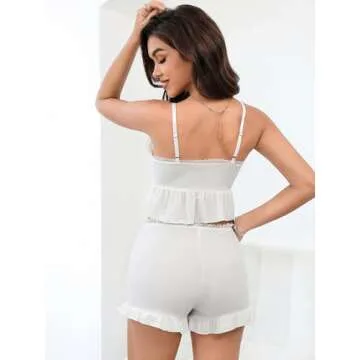 SweatyRocks Women's 2 Piece Lingerie Set Ruffle Trim Tie Front Cami Top and Shorts Sleepwear White M