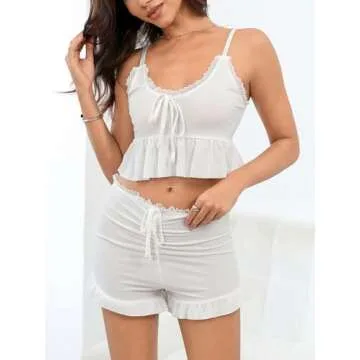 SweatyRocks Women's 2 Piece Lingerie Set Ruffle Trim Tie Front Cami Top and Shorts Sleepwear White M