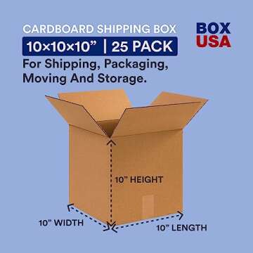 BOX USA Shipping Boxes Small 10"L x 10"W x 10"H, 25-Pack | Corrugated Cardboard Box for Packing, Moving and Storage