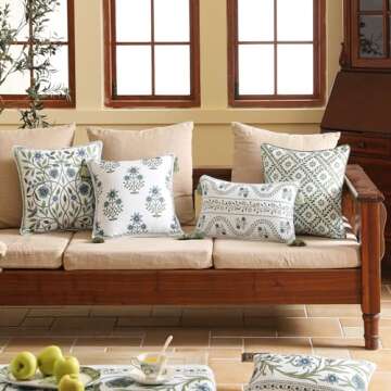 ISAENNE Design Fresh Linen Rectangle Throw Pillow Covers 12"x20", French White Cottage Cushion Covers with Green Branches Pattern Decoration Pillowcases for Bed,Living Room,Outdoor,Car