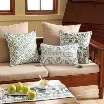 ISAENNE Design Fresh Linen Rectangle Throw Pillow Covers 12"x20", French White Cottage Cushion Covers with Green Branches Pattern Decoration Pillowcases for Bed,Living Room,Outdoor,Car