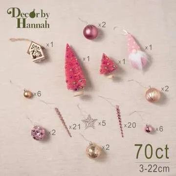 DecorbyHannah 70ct Christmas Ornaments Set, Shatterproof Decorative Pink Gold Christmas Tree Decorations with Small Xmas Tree, Gnome and Wooden Lighted Bird House for Home Party Halloween Decor