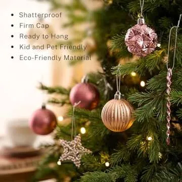 DecorbyHannah 70ct Christmas Ornaments Set, Shatterproof Decorative Pink Gold Christmas Tree Decorations with Small Xmas Tree, Gnome and Wooden Lighted Bird House for Home Party Halloween Decor
