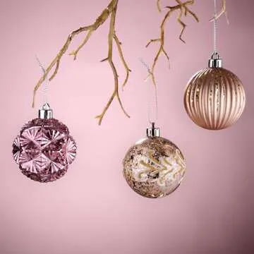 DecorbyHannah 70ct Christmas Ornaments Set, Shatterproof Decorative Pink Gold Christmas Tree Decorations with Small Xmas Tree, Gnome and Wooden Lighted Bird House for Home Party Halloween Decor