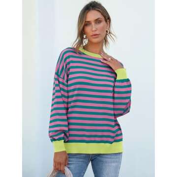 ANRABESS Womens Oversized Striped Sweaters Long Sleeve Crewneck Casual Side Slit Pullover Shirts 202...