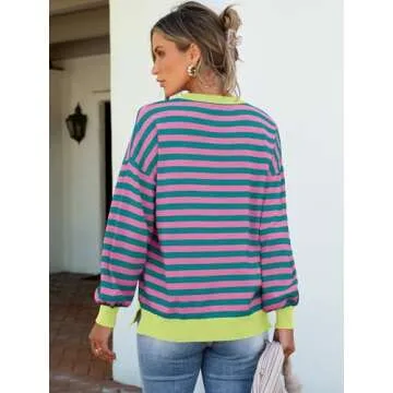 ANRABESS Womens Oversized Striped Sweaters Long Sleeve Crewneck Casual Side Slit Pullover Shirts 2025 Spring Trendy Tops Green Pink Small