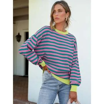 ANRABESS Womens Oversized Striped Sweaters Long Sleeve Crewneck Casual Side Slit Pullover Shirts 2025 Spring Trendy Tops Green Pink Small