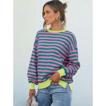 ANRABESS Womens Oversized Striped Sweaters Long Sleeve Crewneck Casual Side Slit Pullover Shirts 2025 Spring Trendy Tops Green Pink Small