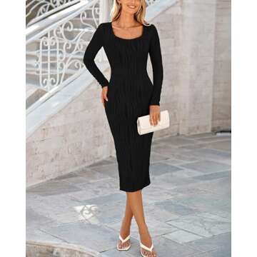 PRETTYGARDEN Women's Dress 2025 Fall Long Sleeve Square Neck Fitted Knit Midi Party Club Slit Bodyco...